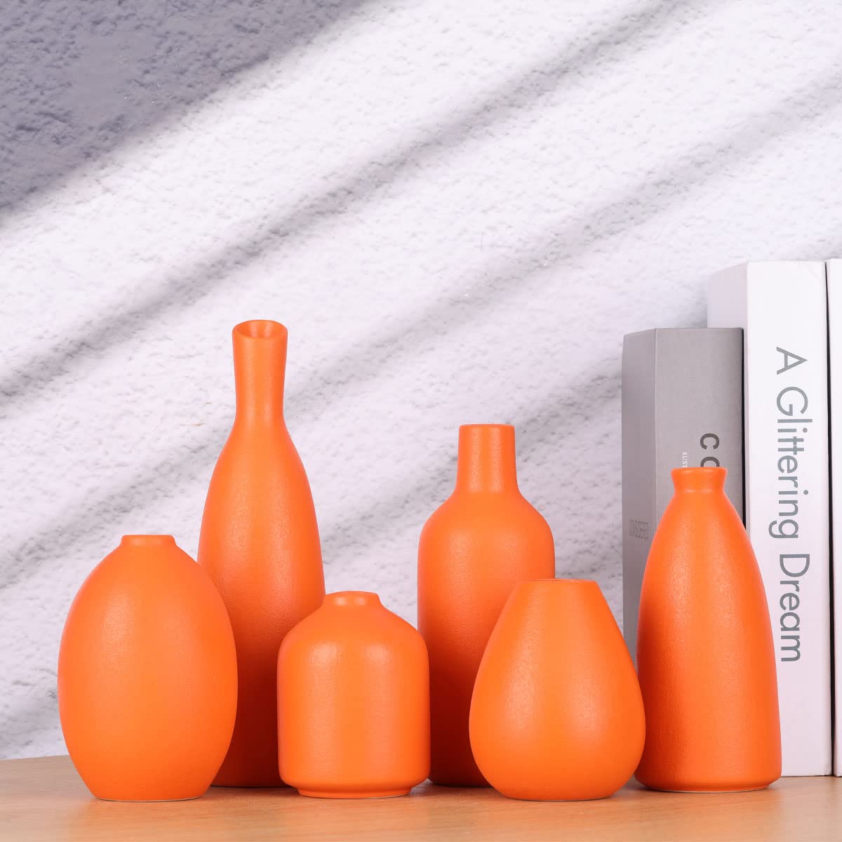 Orange Keramik Knospen Vasen Set von 6, Bauernhaus Dekor, Kamindekor, Kaminsims & Regal Dekor, Heimdekoration für Wohnzimmer, Eingang, Badezimmer & Büro, Couchtischdekoration, Knospenvasen in Bulk