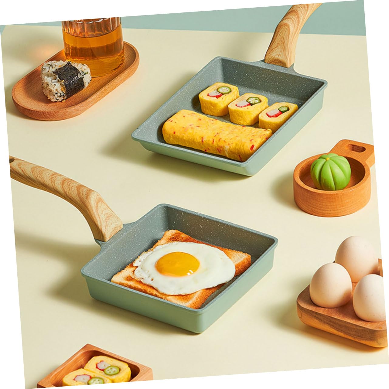 Padella Tamagoyaki Rettangolare Antiaderente Manico in Legno Ergonomico Padellino per Uova e Frittate Giapponesi Distribuzione Calore Uniforme per Cucina Quotidiana