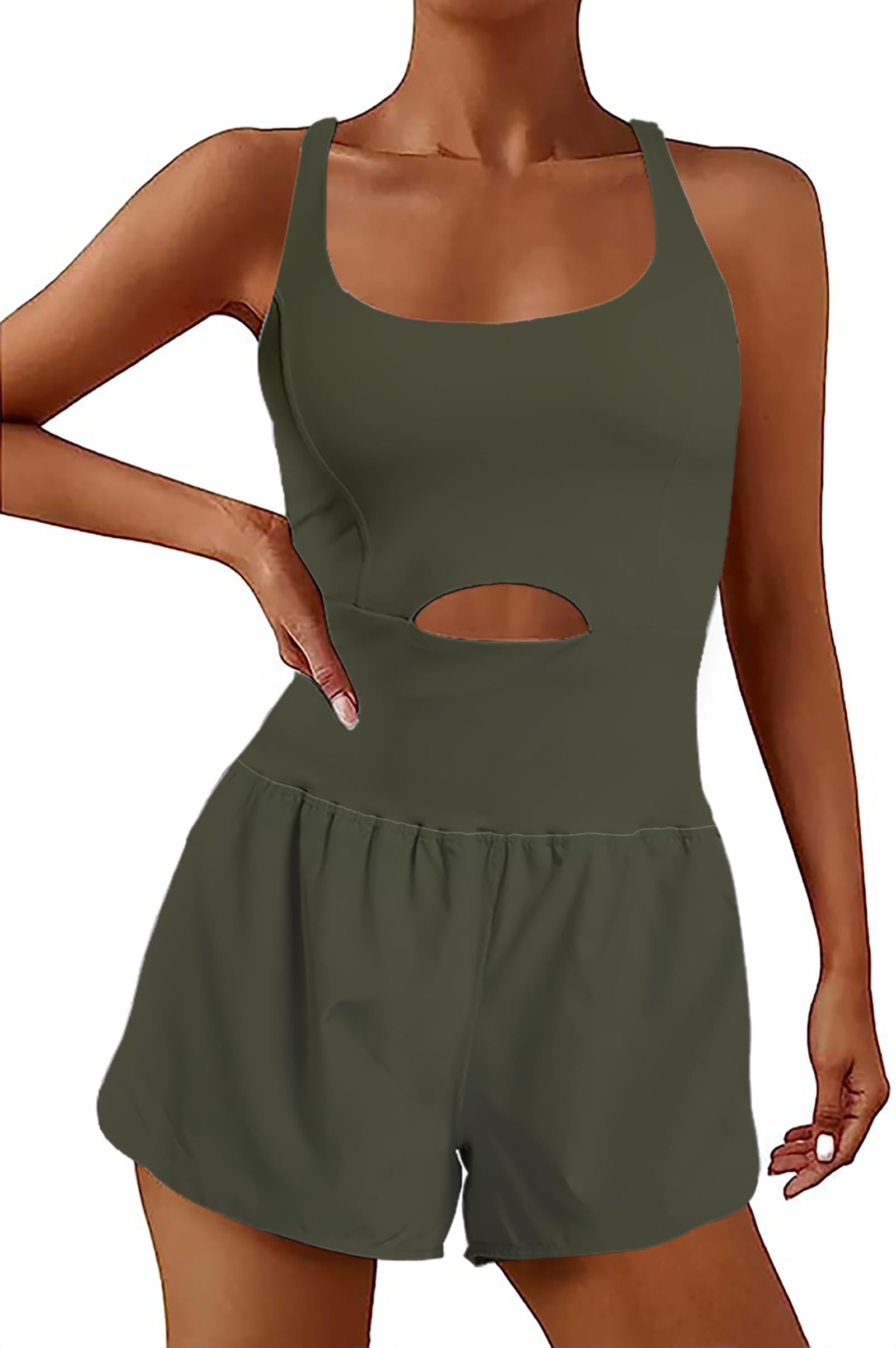 YOAKUKA Womens Workout Rompers Running Outfits Padded Bra Tennis Exercise Jumpsuits Gym Clothes