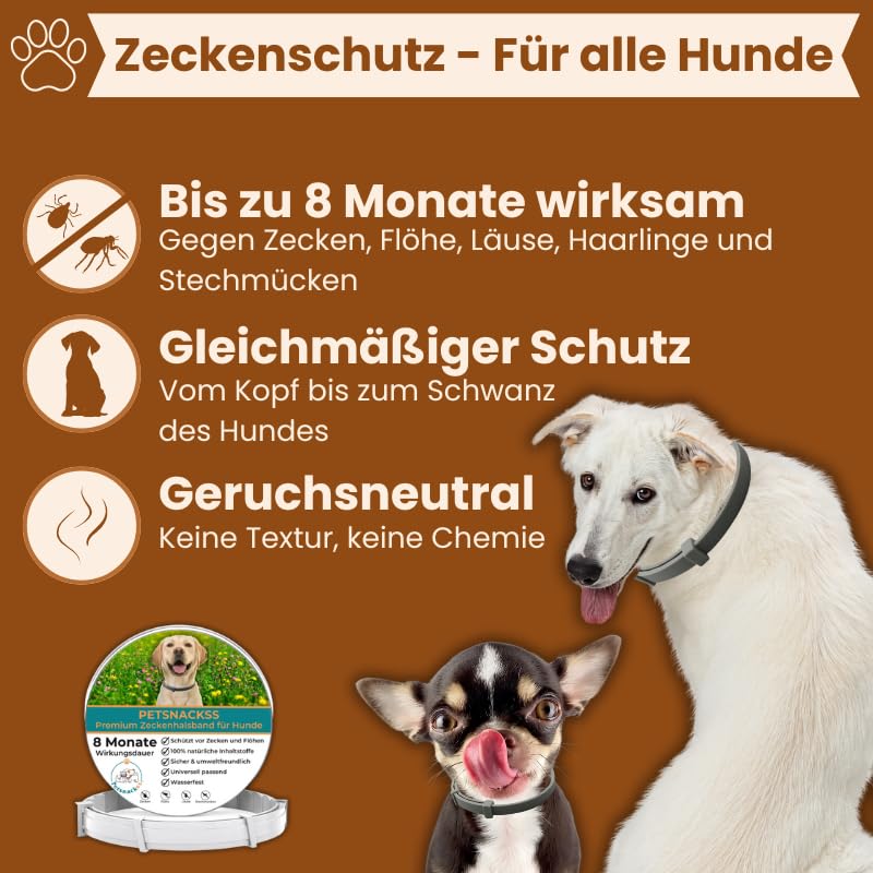 Zeckenhalsband für Hunde - 100% Natürliche Inhaltsstoffe - bis zu 8 Monate wirksamer Schutz gegen Zecken, Flöhe und Läuse - Universell passend (1er Pack)