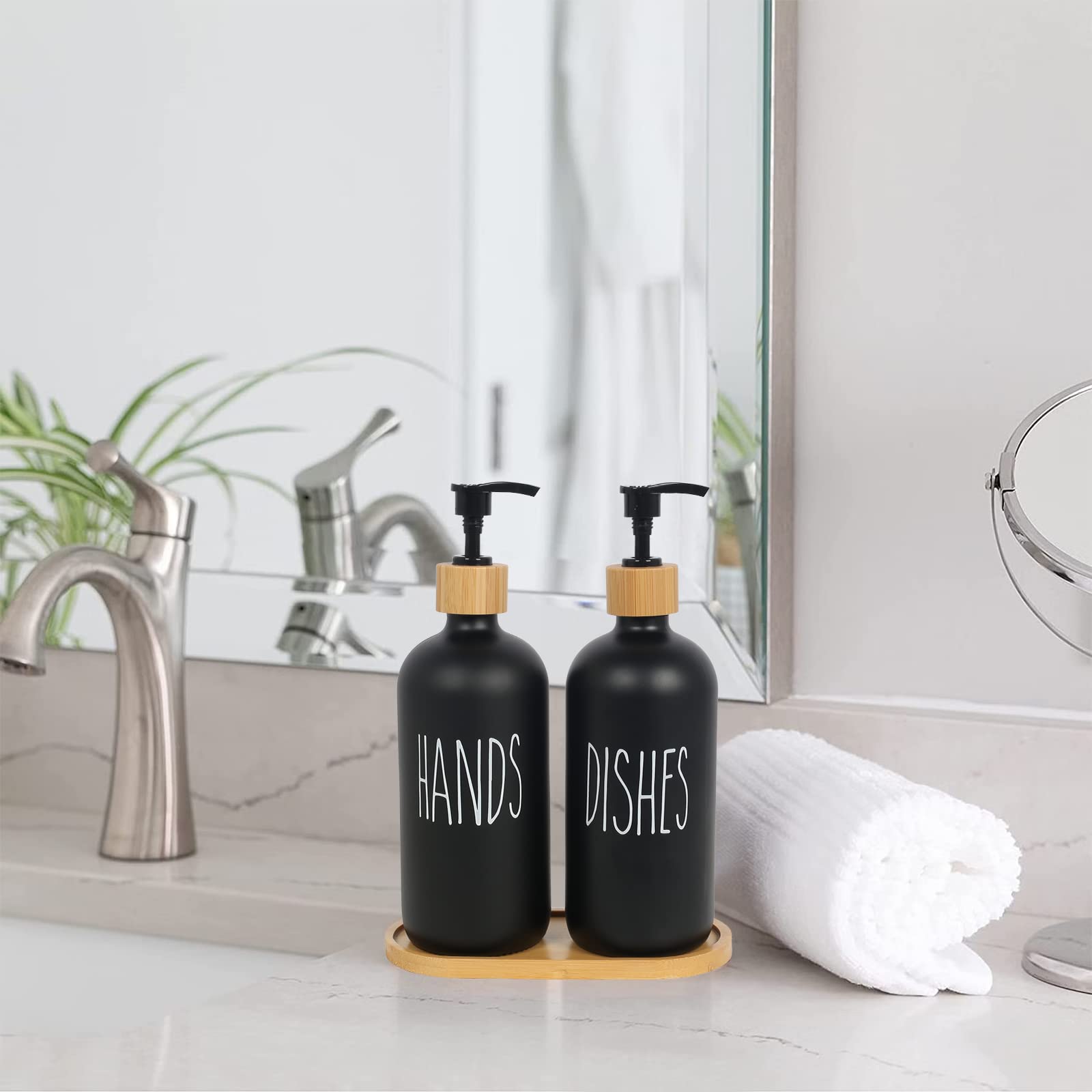 Luabue 2Pcs Soap Dispenser Kitchen Hand & Dish Wash Dispenser Black Washing Up Liquid Dispenser 500ml Glass Soap Dispenser with Bamboo Pump &Tray for Bathroom Countertop Laundry Room Shampoo Lotion - Image 4