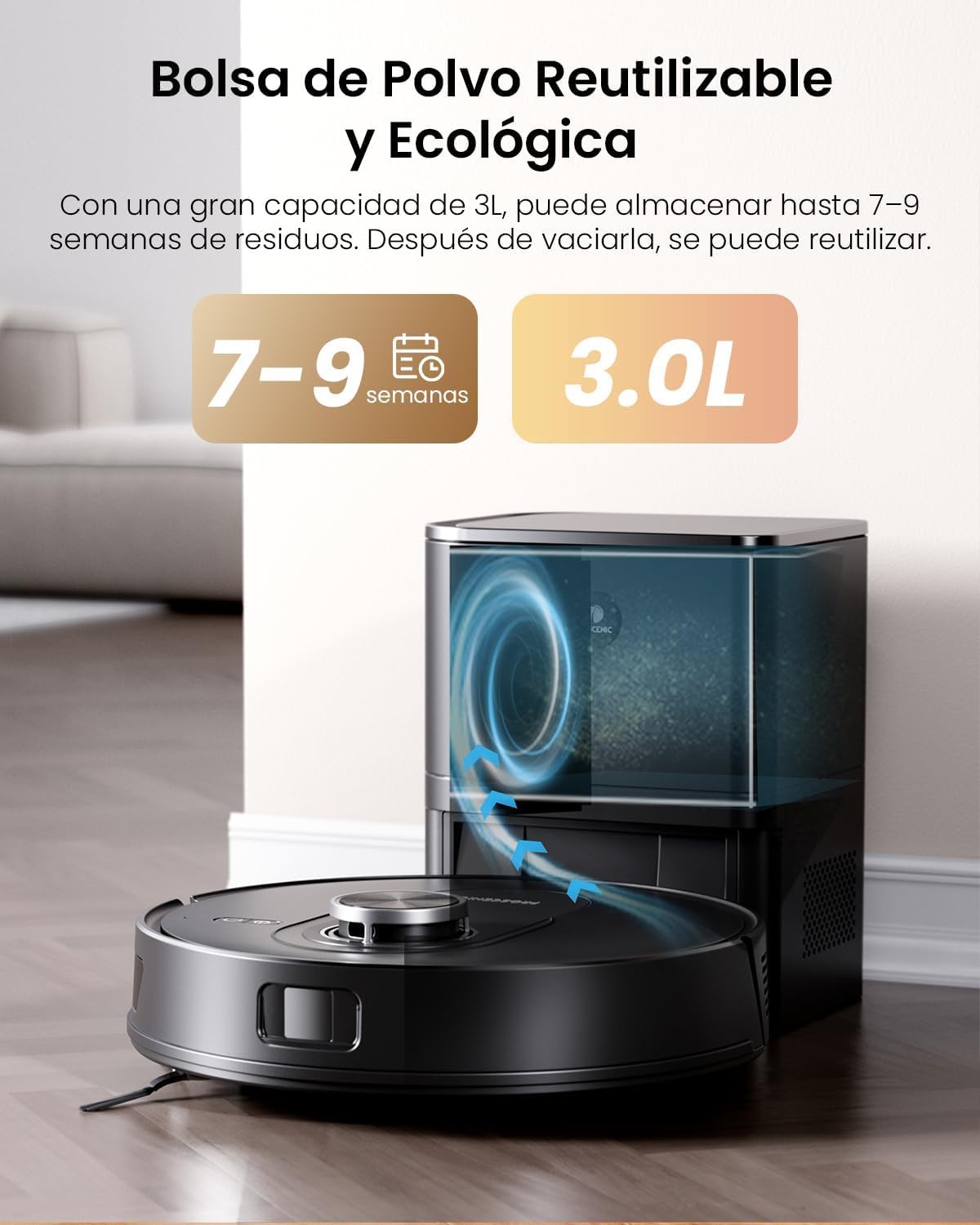 Proscenic Q8 MAX+ Robot Aspirador y Fregasuelos Potente 8000Pa/200 Min, con Navegación LDS y Auto-Evasión de Obstáculos, 3L Base de Autovaciado, por App/Remoto/Voz, Moqueta/Pelo de Mascotas/Suelos