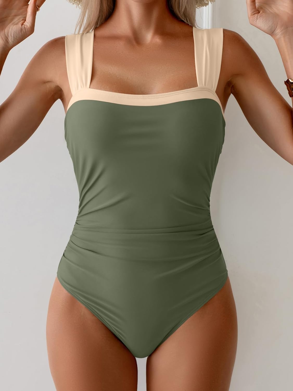 Women's One Piece Swimsuit Modest Tummy Control Bathing Suit Ruched Slimming Color Block Swimwear - Image 5