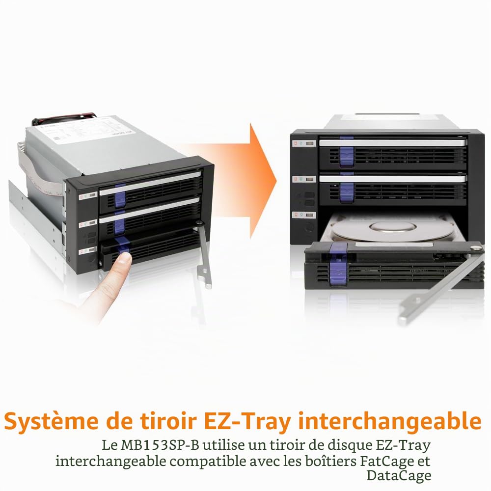 Icy Dock Backplane Cage, Rack Mobile, boitier de Cage avec tiroir Hot Swap pour 3 x HDD/SSD 2,5" ou 3,5" SAS II/SATA III 6Gb/s dans 2 Baies de 5,25" Aluminium - FatCage MB153SP-B
