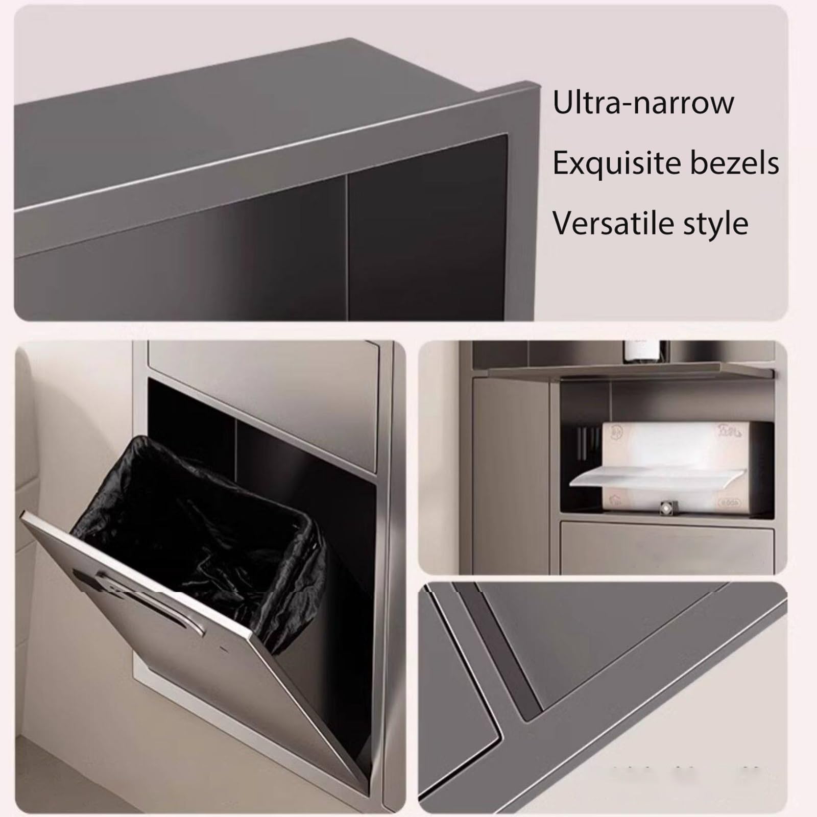 Portarotolo Carta Igienica da Incasso in Acciaio Inox 304, Nicchia Bagno Parete con Pattumiera Integrata, Porta Scopino e Dispenser Carta, Salvaspazio per Hotel e Casa(Black,670x400x140mm)