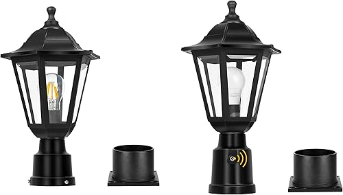 FUDESY Luz de poste al aire libre con sensor de anochecer a amanecer con lámpara de plástico exterior negra