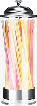 Glass Straw Dispenser Holder with 100PCs Straws & Stainless Steel Lid - Transparent Drinking Straw Organizer Dispenser for Kitchen