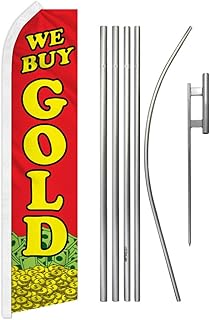 We Buy Gold (Red) Swooper Advertising Flag & Pole Kit - Perfect for Pawn Shops, Consignment Shops, Loan Shops