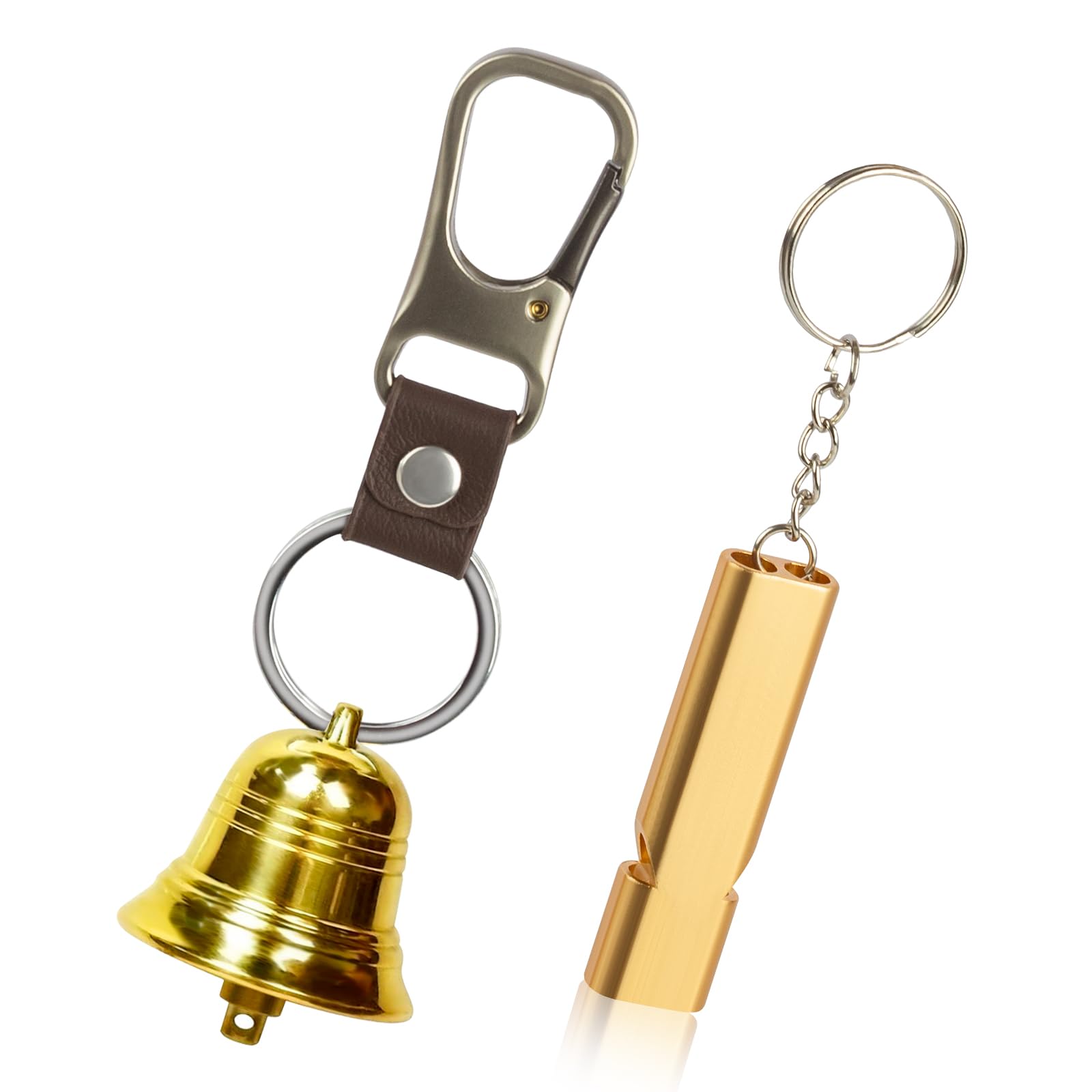 Fhmidic Loud Bear Bell with Whistle Set for Hikers, 3 in 1 Hiking Gear Solid Brass Bear Bells with Silencer, Carabiner and Emergency Whistle for Survival, Hiking, Camping, Climbing
