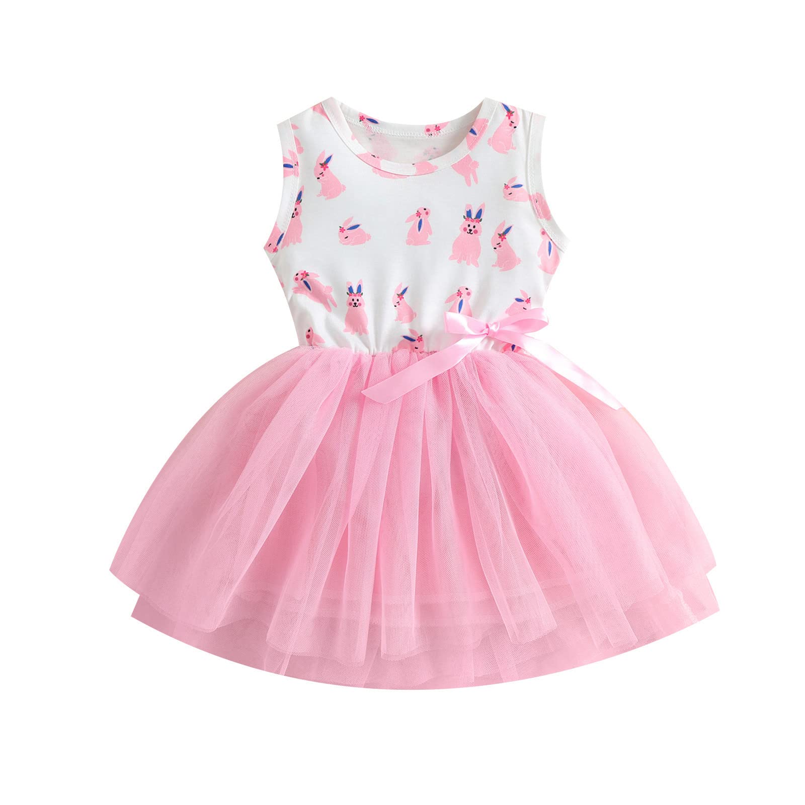 Toddler Baby Girls Easter Dresses Outfit Bunny Sleeveless Bowknot Tutu Dress Ruffle Casual Party Dresses Comfort Soft Pink