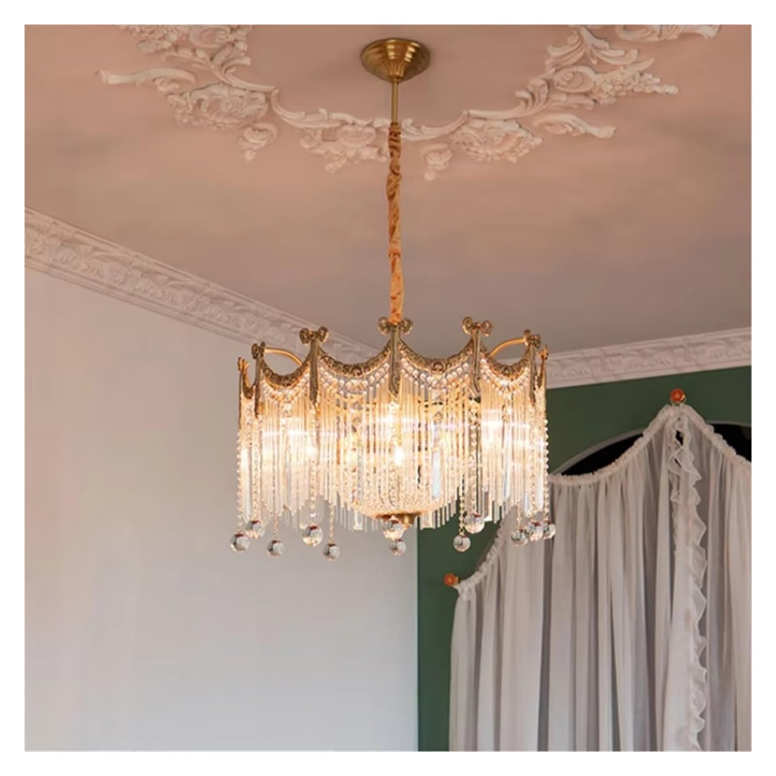 ZTCHSENZT French Copper Crystal Lamp European Retro Ceiling Chandelier Villa Living Dining Room Bedroom Pendant Lamp,Cold White-D60xH52cm