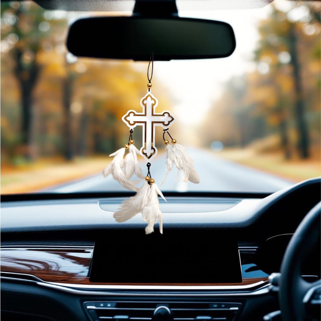 DALLI NESH NATURE WOOD Car Cross Dream Catcher, Traditional Indian Style, White Feathers, 20 cm-image-17