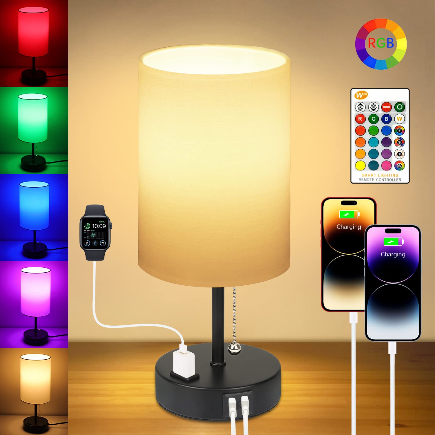 Bedside Table Lamps for Bedrooms Nightstand Lamp RGB Color Changing Bedside Lamp with 2 USB Charging Port and AC Outlet, 3 Way Dimmable Small Modern Lamp for Home Living Room Bedroom Party