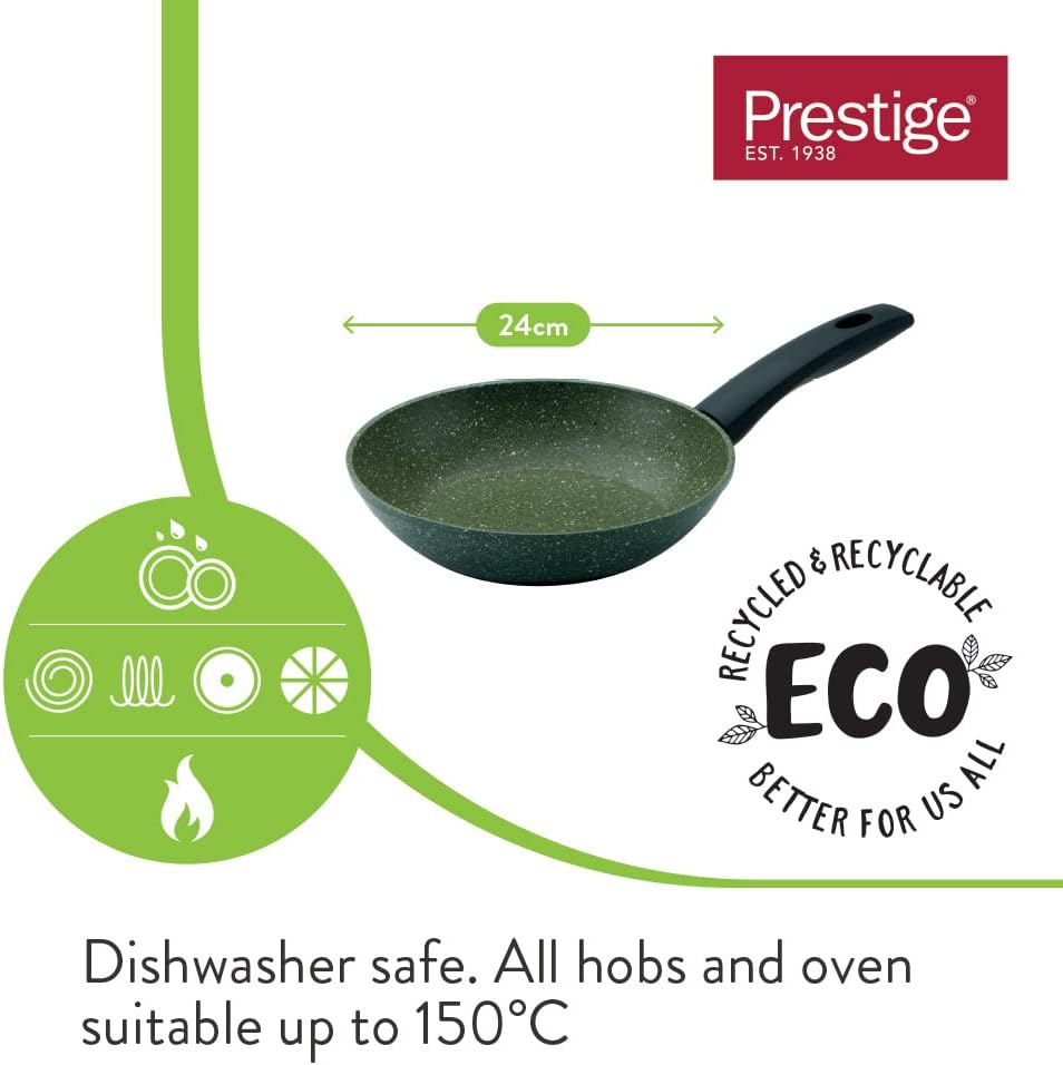PRESTIGE Eco Non Stick Frying Pan 24cm - Induction Frying Pan with Plant Based Non Stick, Dishwasher Safe Cookware Made in Italy of Recycled & Recyclable Materials, Green