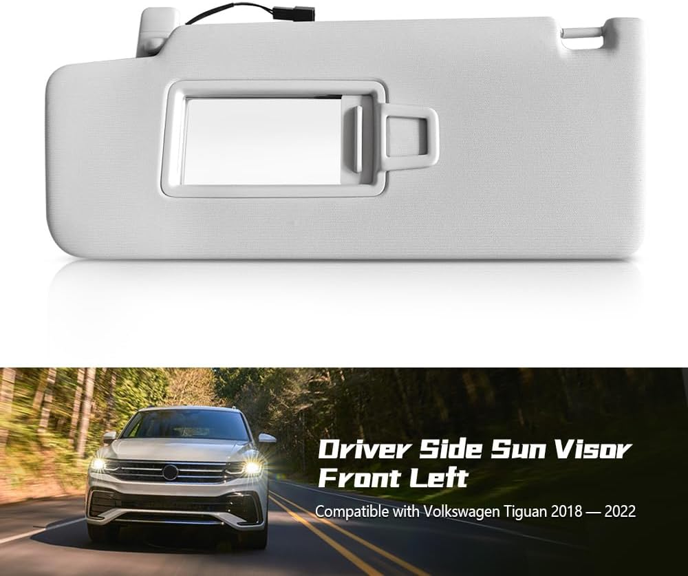 Left Driver Side Sun Visor Compatible with Volkswagen Tiguan 2018-2022 Sun Protection Shade Makeup Mirror Gray Replaces 5NN-857-551-L-3H8 5NN857551L3H8