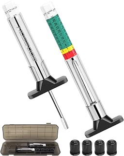 GODESON 2팩 타이어 트레드 깊이 게이지 32번, 컬러 코드 0.3cm(1/32인치) 트레드 체커, 포켓 클립, 보관 케이스 및 자동차, SUV, 트럭, 오토바이 타이어 착용용 밸브 캡 4개