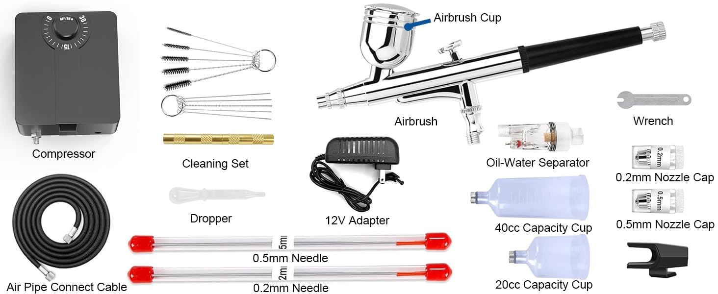 Kit de aerógrafo con compresor de aire, cepillo de aire de alta presión de 36 PSI que no se obstruye con boquillas de 0.2/0.3/0.5 mm, ideal para pintar, modelar, decoración de pasteles