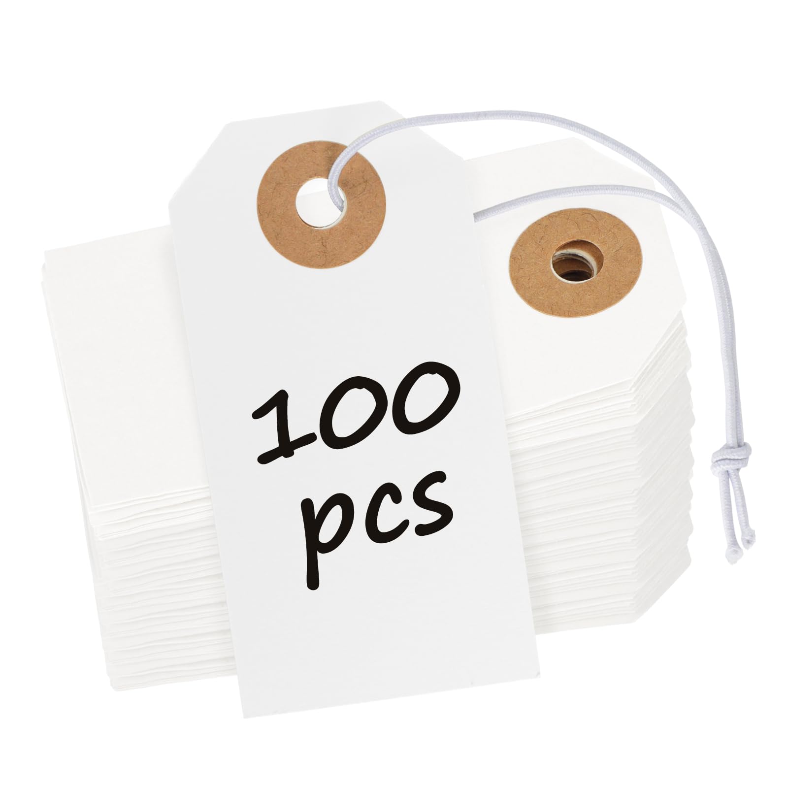 Uniclife 100 Pcs White Blank Shipping Tags with Elastic String Attached Cardstock Paper Hang Tag with Reinforced Eyelet Small Marking Tag Price Tags Inventory Label Tag, 2.75" x 1.37"