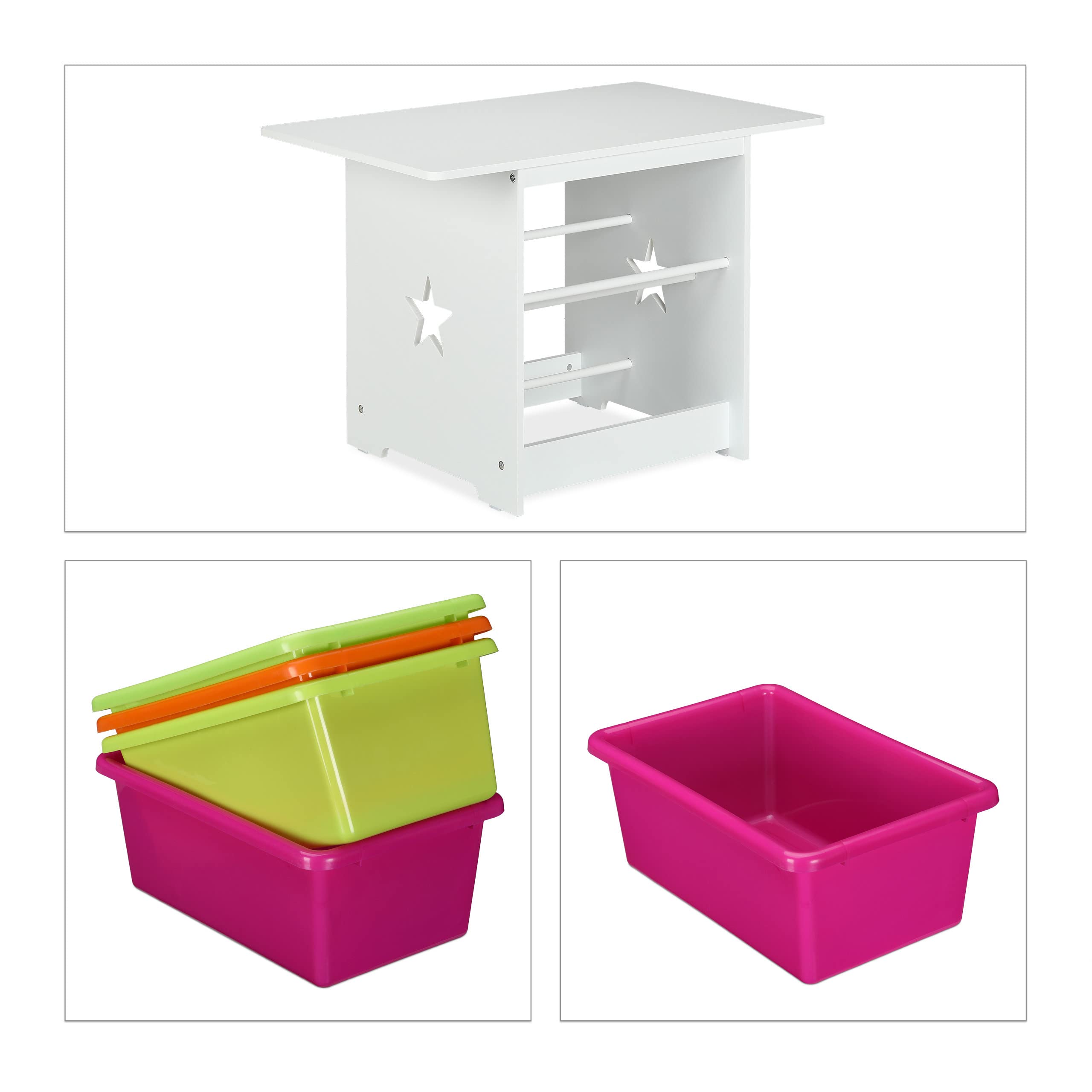 Relaxdays Tavolino con 2 Sedie per la Cameretta dei Bambini, 4 Box Portagiochi, Arredamento per Bimbi e Bimbe, Bianco