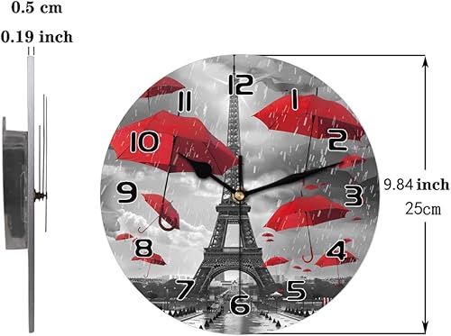 Miniatura 7 de AUUXVA Reloj de pared París Torre Eiffel Paraguas rojo, reloj silencioso sin tictac para cocina, sala de estar, dormitorio, hogar, obras de arte de