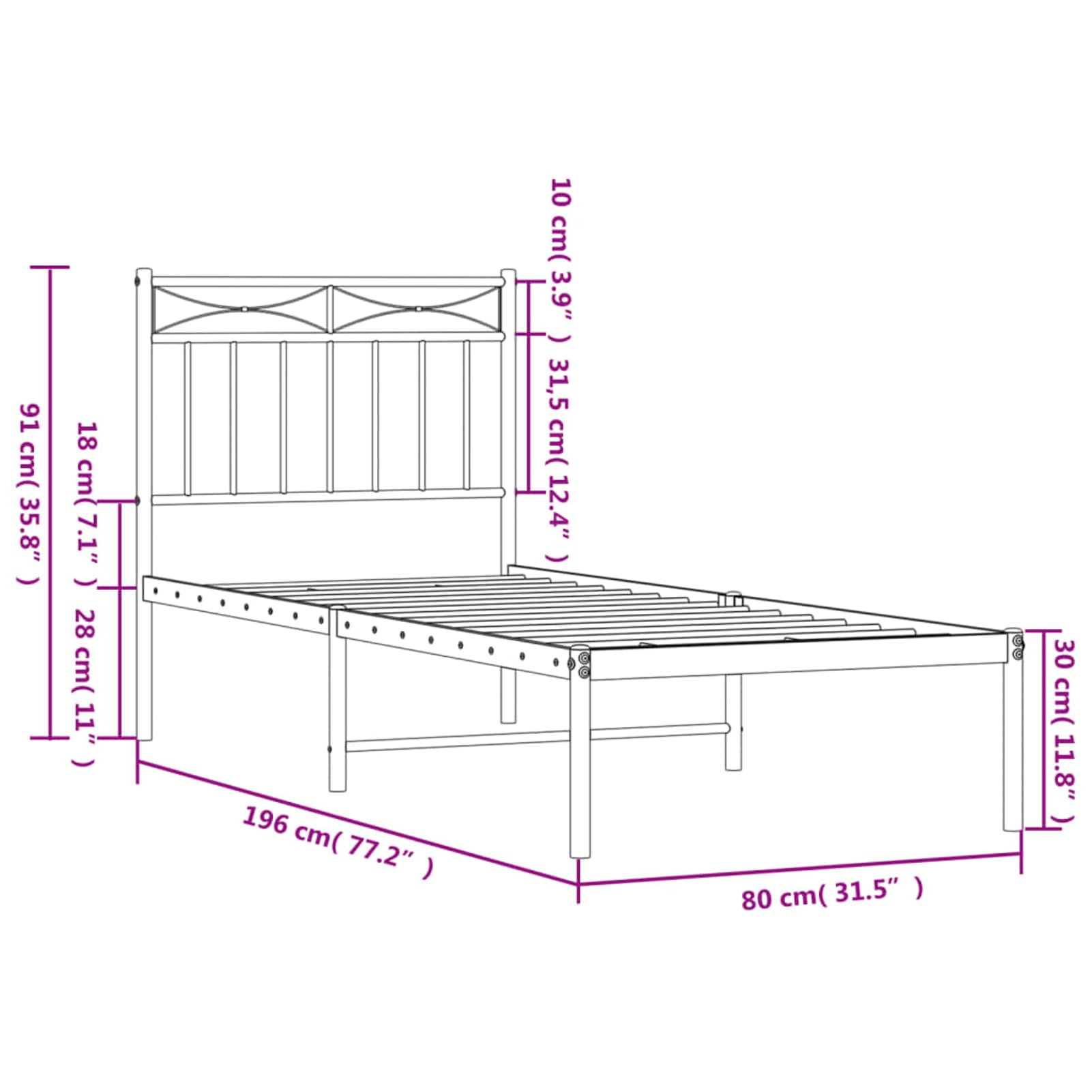ATOMSTACK MAKER Cama de Metal sin Colchón, Con Cabecero Blanco, 75 x 190 cm, Estructura de Acero Pulverizado, Altura Libre 26 cm, Diseño Moderno y Robusto para Adultos, Fácil Montaje