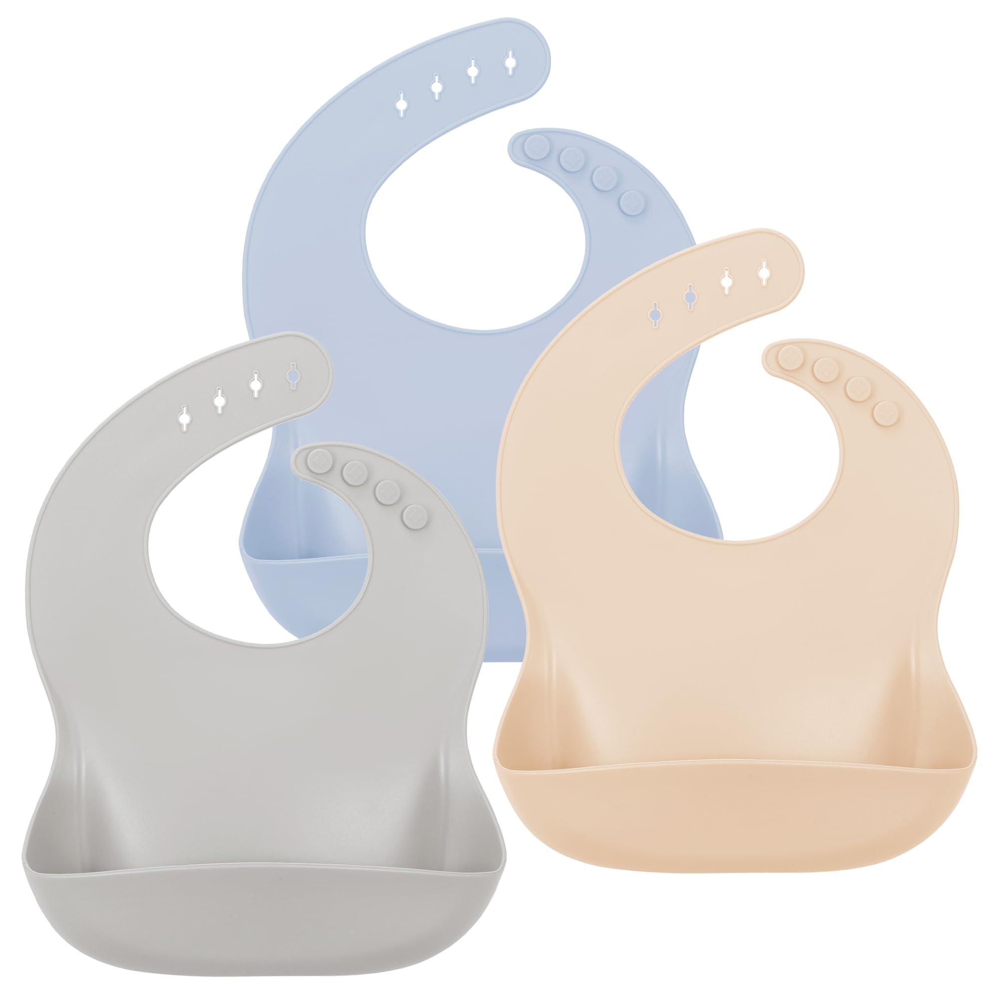 MOJINL Lätzchen Baby Wasserdicht, 3 Stück Silikon Lätzchen Baby mit Auffangschale, Abwaschbar Babylätzchen, Einstellbare Essen Fütterlätzchen für Jungen Mädchen (Grau/Beige/Fernblau)