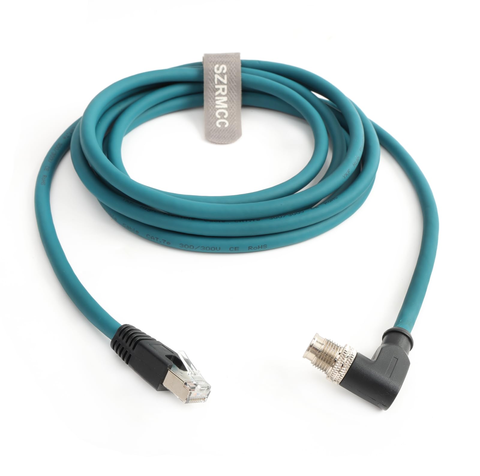 SZRMCC Cable Ethernet M12 de 8 pines codificado en X macho en ángulo recto a RJ45, Cat7e Gigabit blindado, impermeable, cable de red para sensores de visión de cámara industrial Basler GigE Cognex