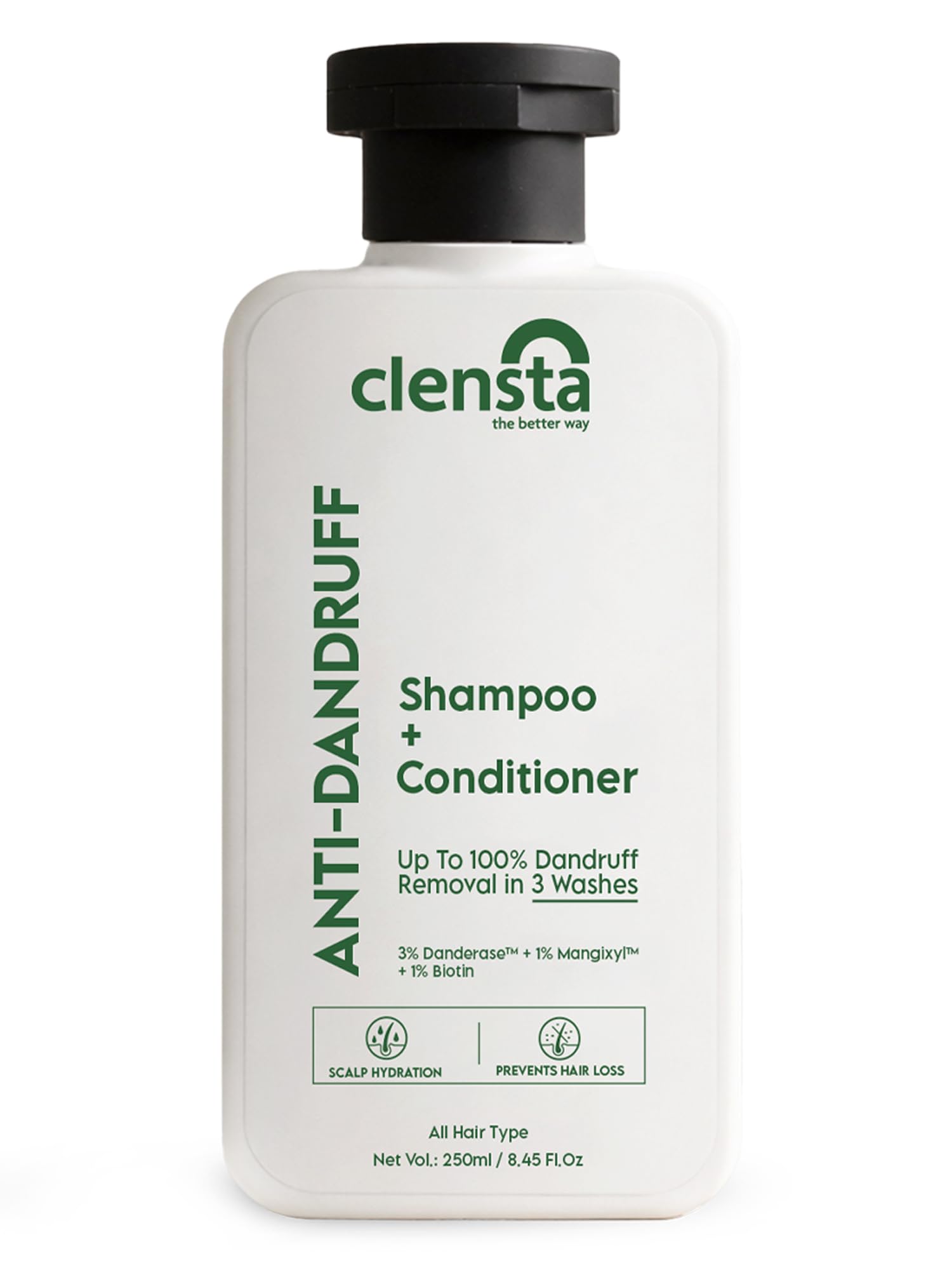 Clensta Anti-Dandruff Shampoo + Conditioner ( Imported From France ) | Up to 100% Dandruff Removal in 3 Wash | With DandErase™, Mangixyl™, Piroctone Olamine & Biotin | Helps Remove Flakes & Itching | Scalp Hydration | For Women And Men | 250ml