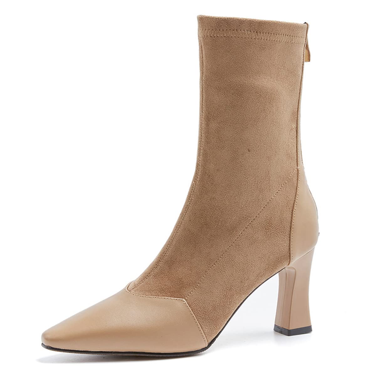 FSJ Women Fashion Sock Boots Pointed Cap Toe Chunky Heel Ankle Boots Stretch Suede Comfortable Sexy Zipper Fall Winter Dressy Heeled Mid-calf Booties