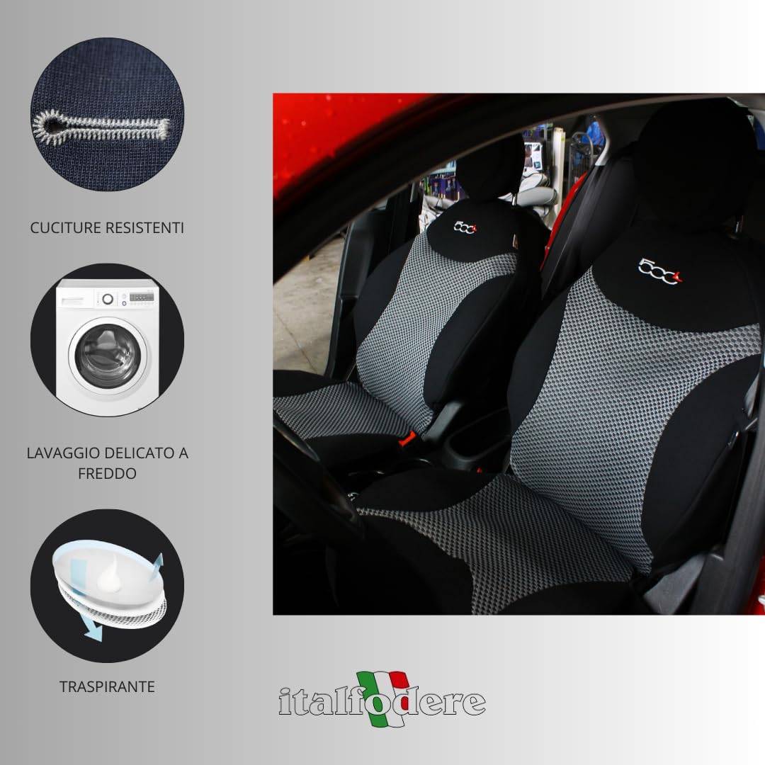 Italfodere - Paar Vordersitzbezüge kompatibel mit Fiat 500L - Gepaarte Baumwolle - Handgefertigt - Elegant und langlebig - Autozubehör - Schwarz 38 - Made in Italy