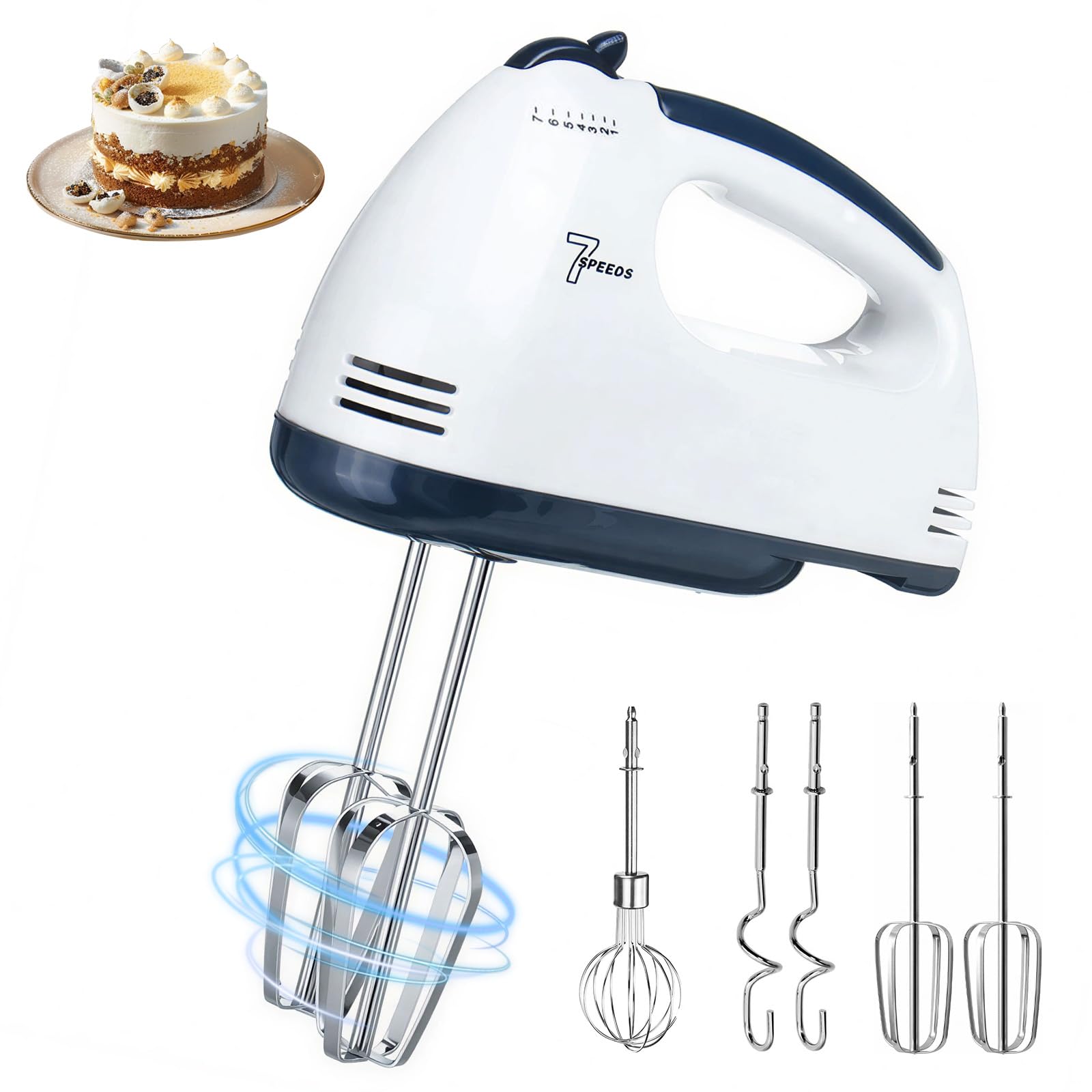 CEWROM Frullatore elettrico a mano, piccolo miscelatore alimentare a 5 velocità, 304 accessori in acciaio inox (1 frusta, 2 fruste, 2 ganci per impasto), ideale per applicazioni in cucina e