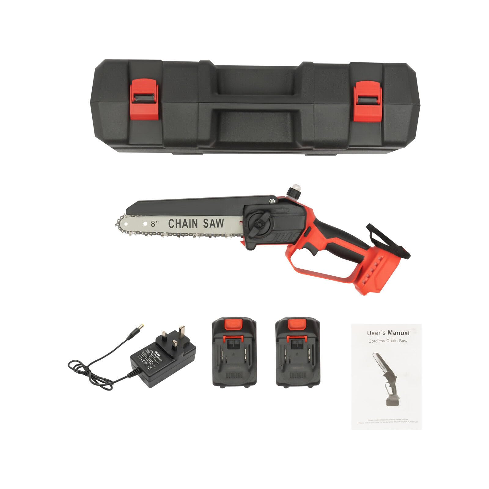 Motosierra eléctrica, 800 W portátil de 8 pulgadas con 2 baterías de 2.0 AH, cargador y funda portátil para cortar y podar árboles