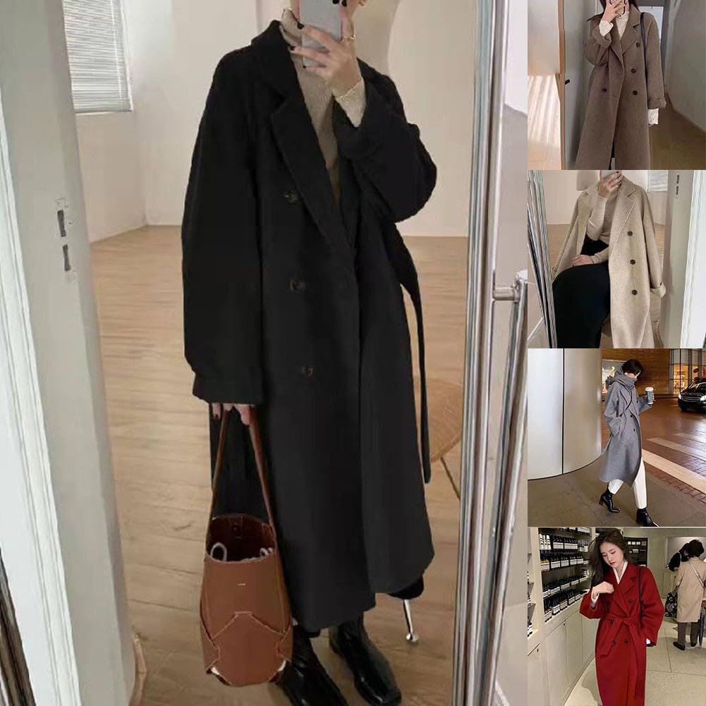 Trench mi-long en laine pour femme avec coupe ample et tissu épais, manteau adapté pour la rue décontractée et les fêtes