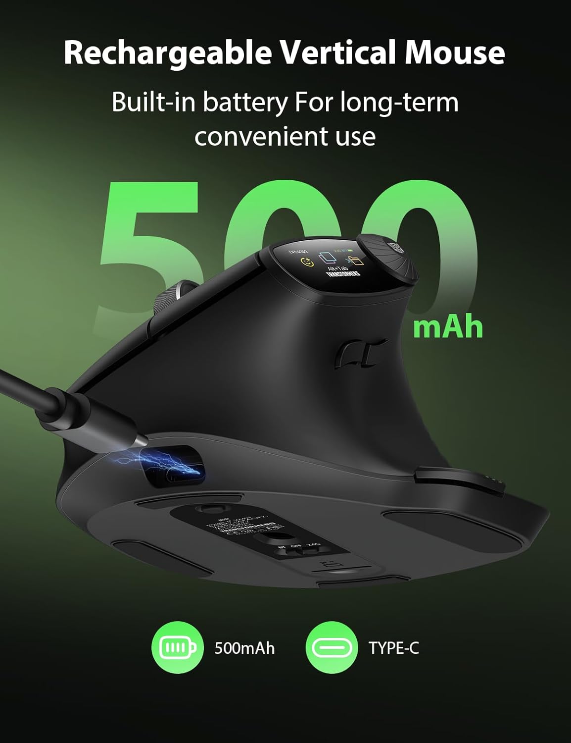 Transformers Vertical Ergonomic Mouse with LED Screen & Knob Control, 3-Device Connectivity (2.4G + Dual Bluetooth), Medium to Large Hands, Rechargeable Wireless Mouse for PC/Mac/Laptop, Black