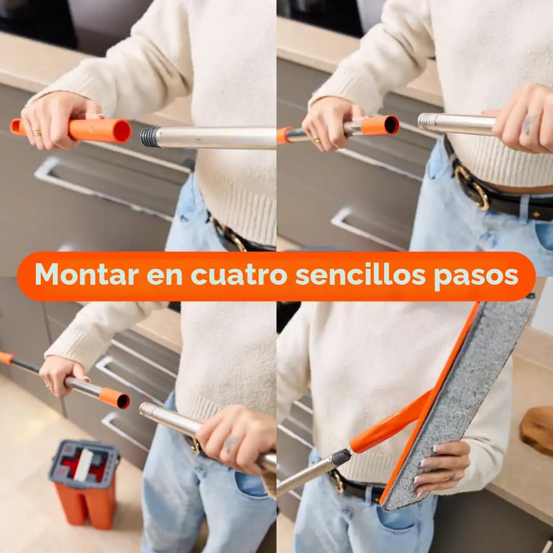 Macromax Aqua Revolution - Juego de fregona Plana y Cubo, con Capacidad de 8 litros, Limpieza en húmedo y seco, Cabezales de fregona de Microfibra Lavables y reemplazos, Mango Giratorio de 180°, mopa
