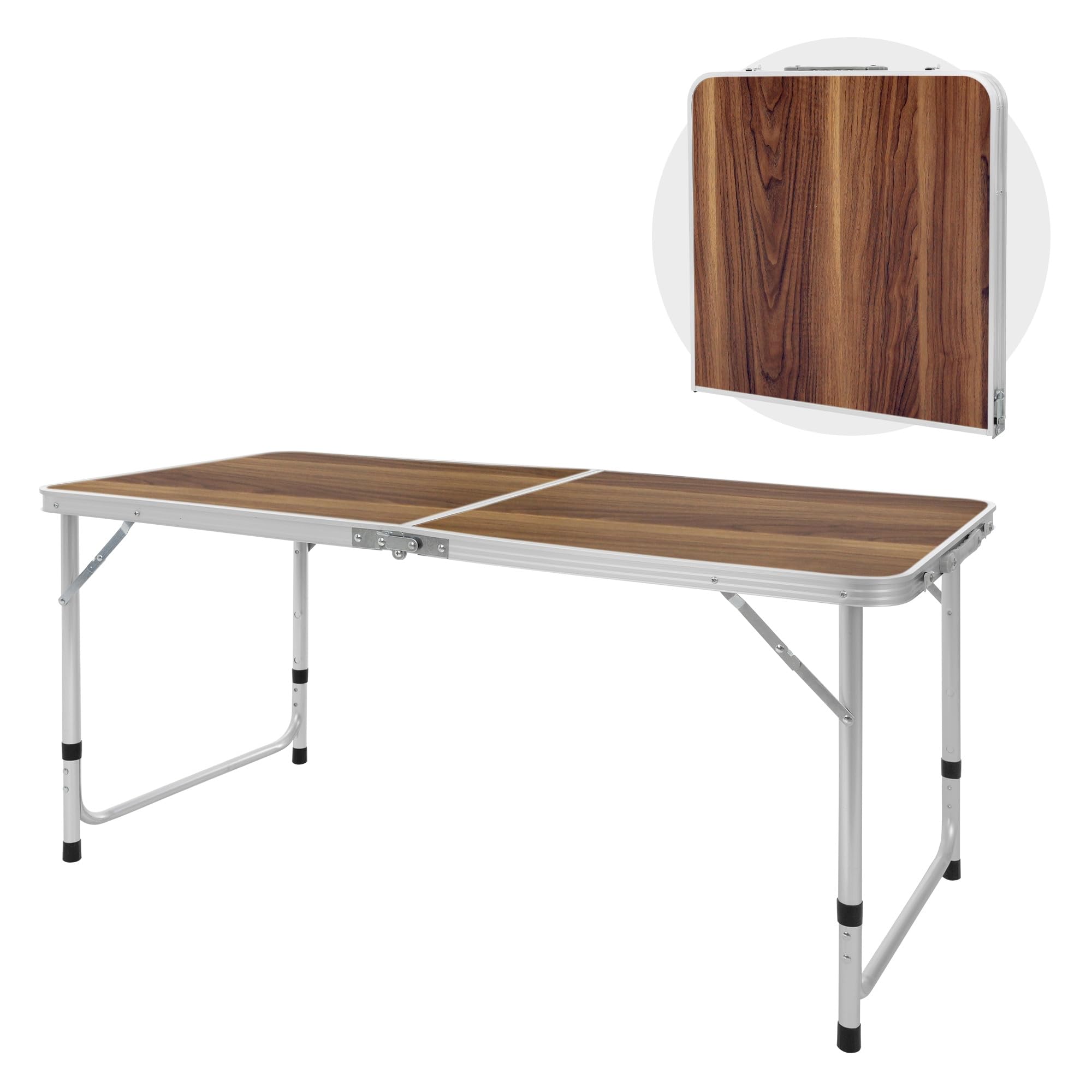 ECD Germany Table Pliante Transportable de Camping - 120 x 60 x 55/63/70 cm - Hauteur Réglable - en Aluminium et MDF - Marron - Table de Camping Jardin Barbecue Travail - Table pour Extérieur