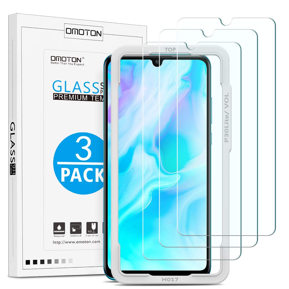 OMOTON [3 Stück Schutzfolie kompatible mit Huawei P30 Lite, 9H Härte, Anti-Kratzen, Mit Positionierhilfe, Anti-Öl, Anti-Bläschen,Kristall-klar [2.5D Runde Kante]