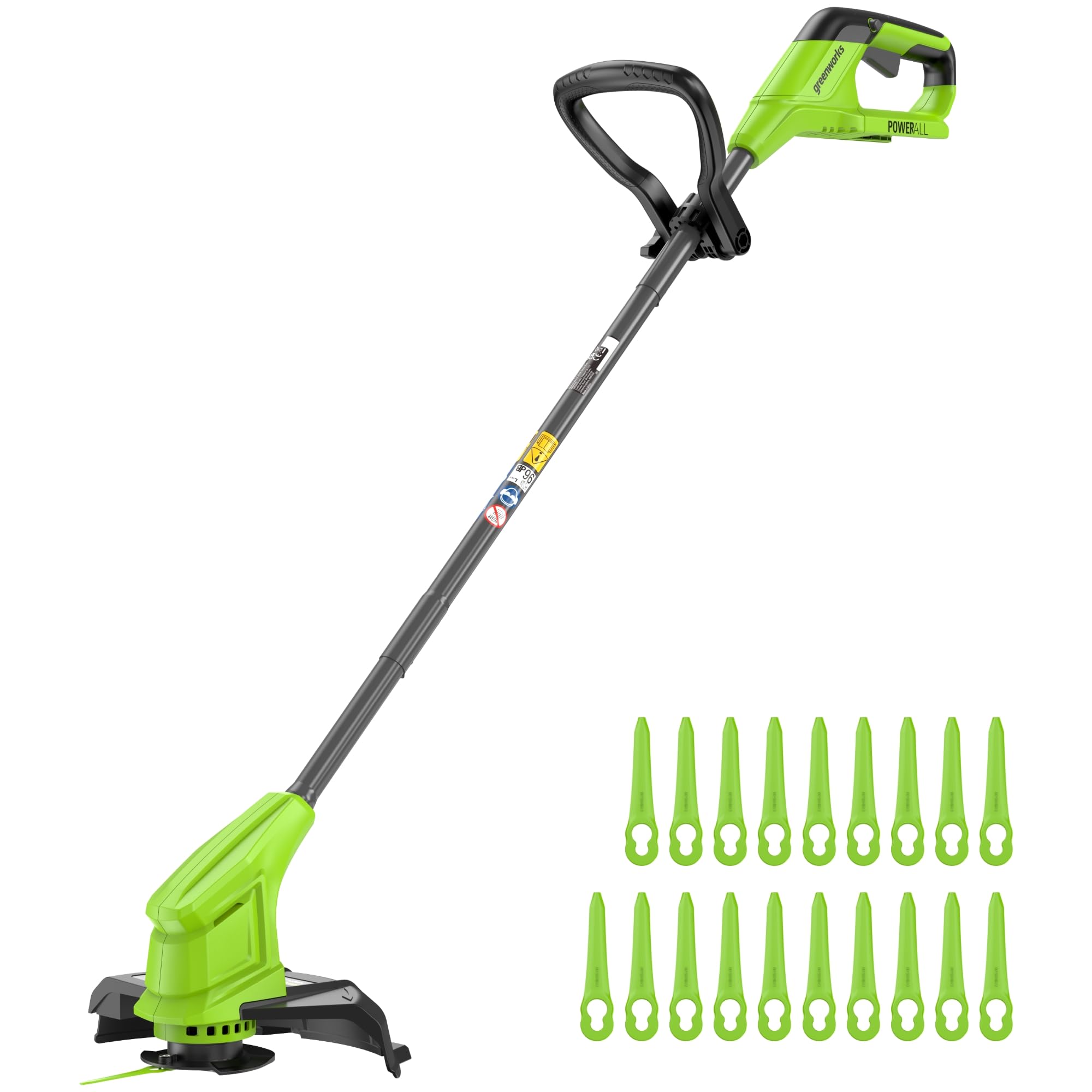 Greenworks 24V Tagliabordi a batteria da per giardini di piccole e medie dimensioni, larghezza di taglio di 25 cm, include 20 lame in plastica SENZA Batteria e Caricabatterie