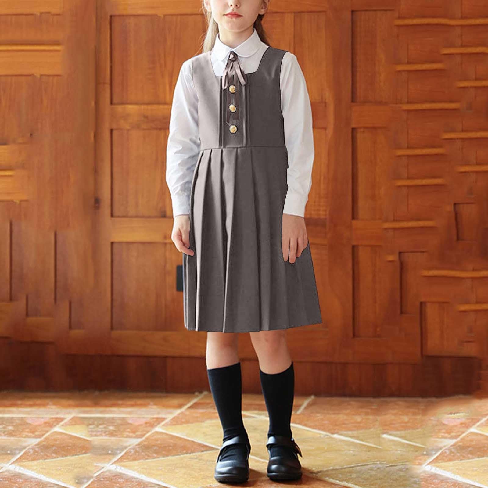 Uniforme escolar plisado para niñas, vestido de pinafore y camisa blanca con botones y corbata, 3 piezas, antiarrugas, ropa escolar de verano, ropa preparada para el verano, 3-15 años