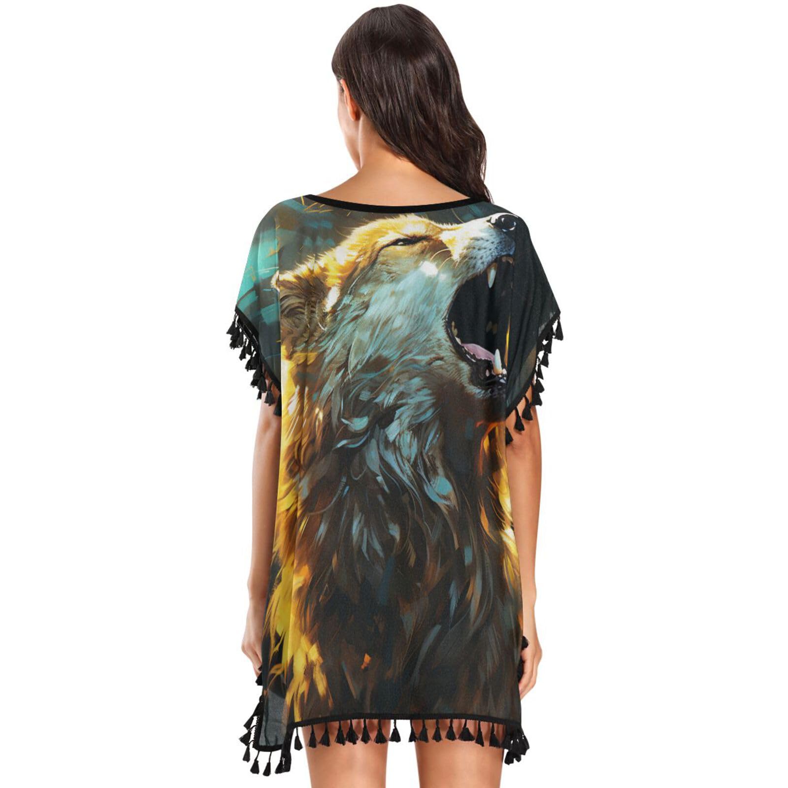 Abstract Angry Wolf Yellow Space Women's Beach Cover Up Chiffon Tassel Swimwear Swimsuit Coverups for Girl