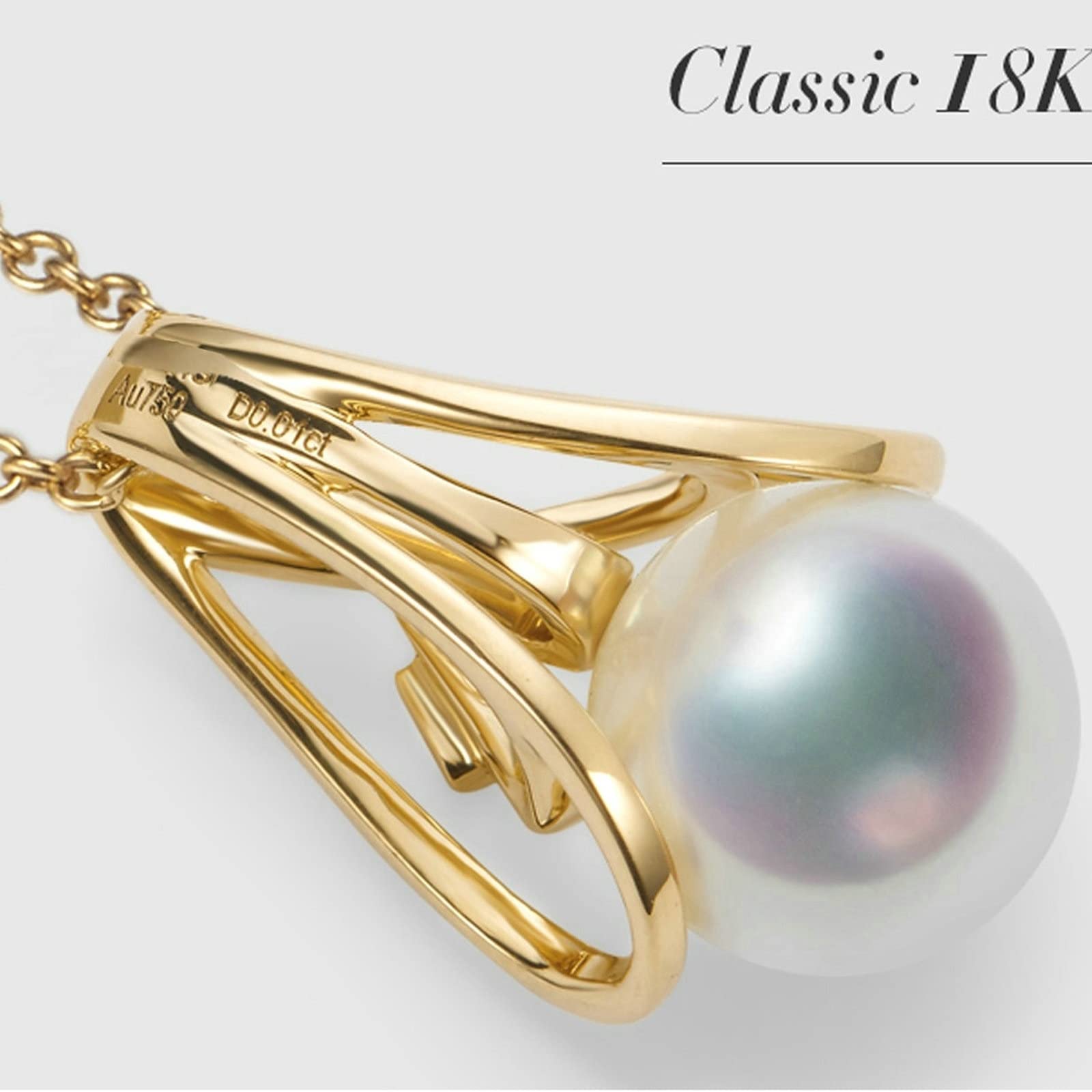 AMDXD Collana da donna in oro 750 con ciondolo classico con perla naturale, regalo per San Valentino, fidanzamento, compleanno, Natale, oro, vera serie d'oro