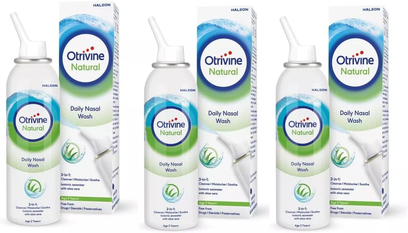 3 x Otrivin Natural Daily Nasal Wash with Aloe Vera 100ml - Allergy Defence, Allergens, Hayfever, Nasal Dust Wash, Suitable for Daily use for The Whole Family Age 2+