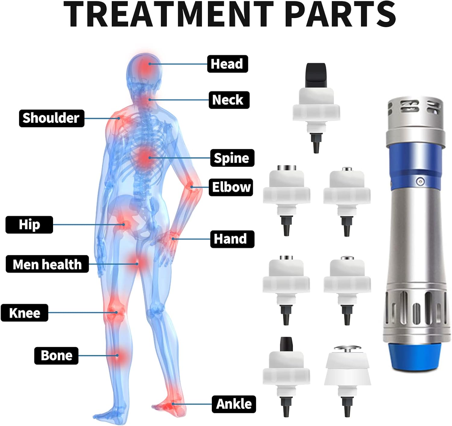 Shockwave Therapy Machine Extracorporeal Shock Wave Therapy Device 7in1 Focused Shockwave Therapy Machine Pain Relief at Home for Body Feet Knees, Silver