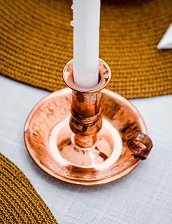 Pure Copper Handmade Candle Holder - Vintage Boho Decorative Pillar Holder with Handle for Home Decor, Special Events - Hammered Rustic Large Candle Holder with Gift Box