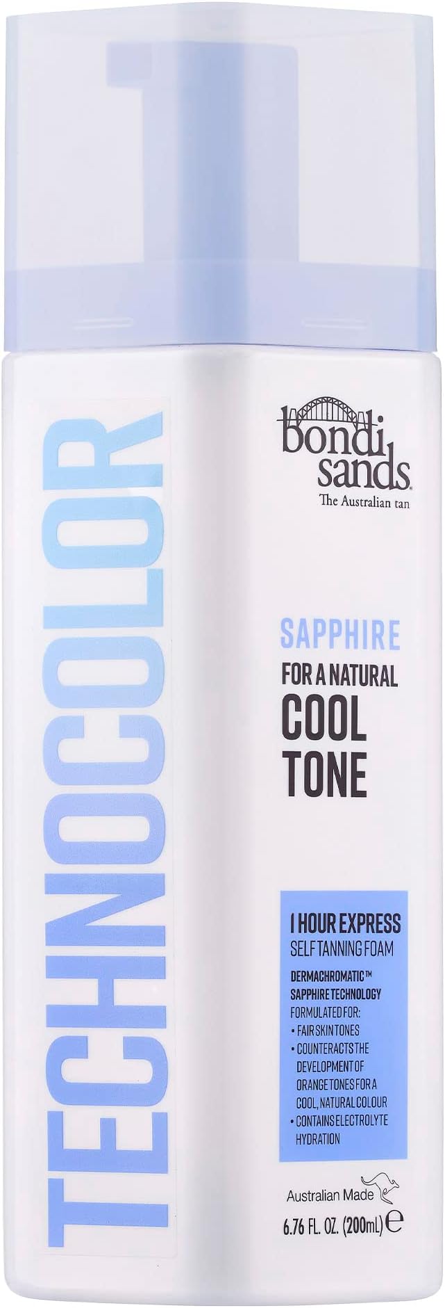 Bondi Sands Technocolor 1-Hour Express Sapphire Self-Tanning Foam Easy Application, Streak Free Fake Tan - Fast-Acting Body Tan for Natural-Looking Glow (200ml)