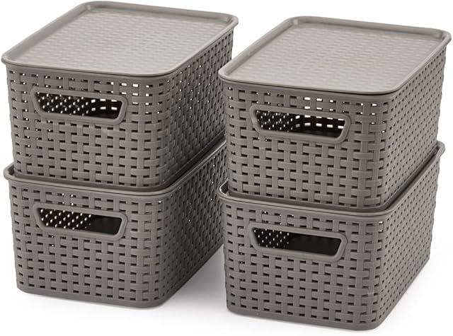 EZOWare Set of 4 Plastic Knitted Woven Lidded Bin Box with Handle, Stackable Organiser Storage Basket With Lid for Nursery, Kids, Closet, Kitchen and More - ( 28 x 18.5 x 13 cm, Gray )