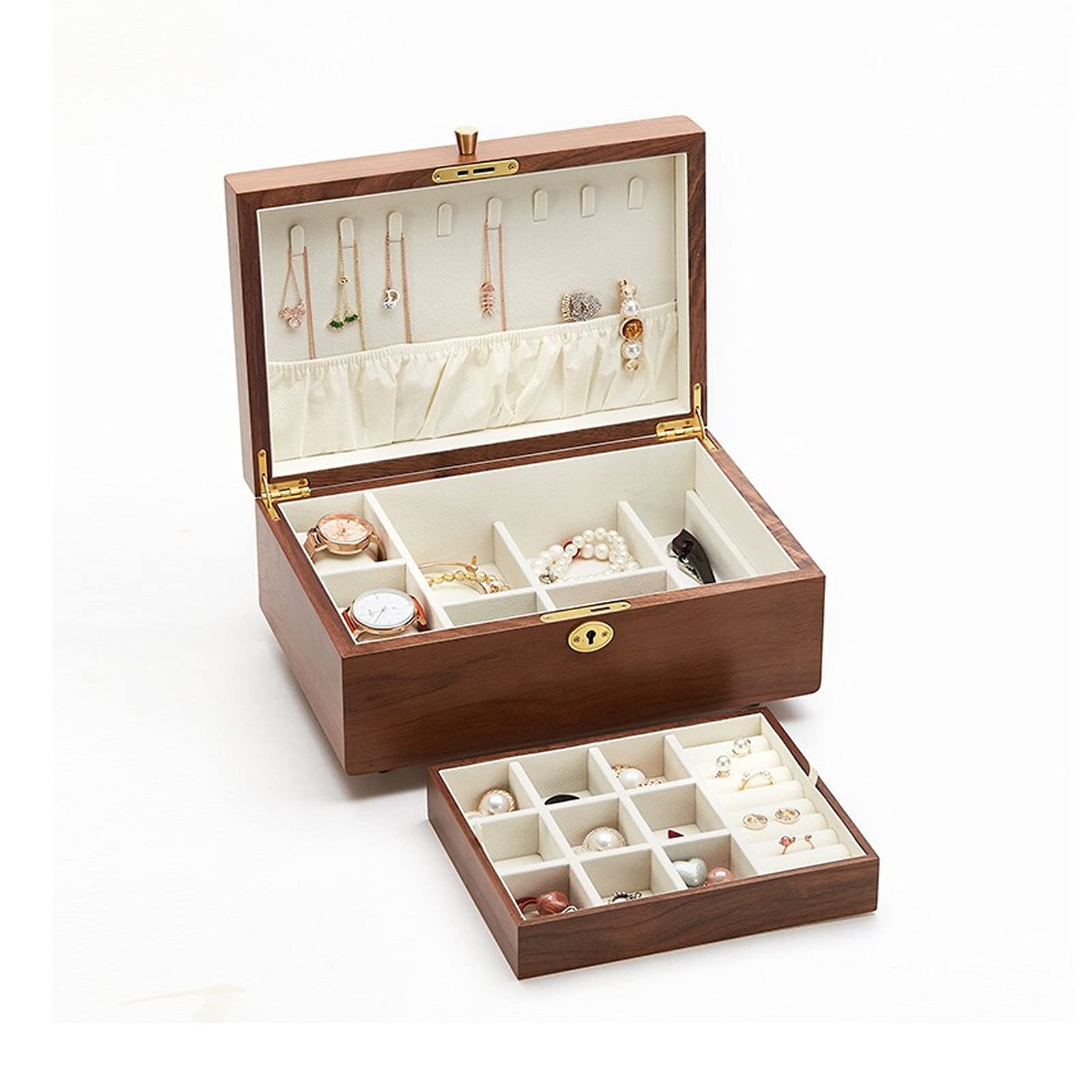 Storage Box Jewelry Organizer Wooden Jewelry Box - 2 Layer Jewelry Organizer with Ring Tray and Lock for