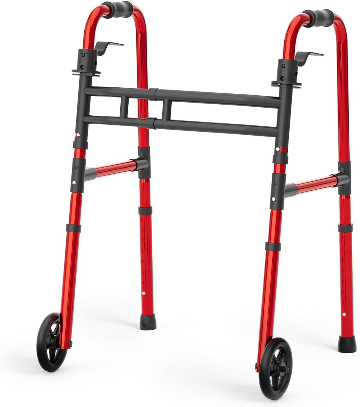 Folding Walkers for Seniors Lightweight Walker with 5'' Front Wheel Height and Width Adjustable Aluminum Standard Walker for Elderly Handicap (Red)