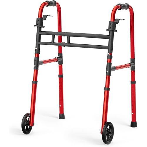 Loyoda Folding Walkers for Seniors Lightweight Walker with 5'' Front Wheel Height and Width Adjustable Aluminum Standard Walker for Elderly Handicap (Red)
