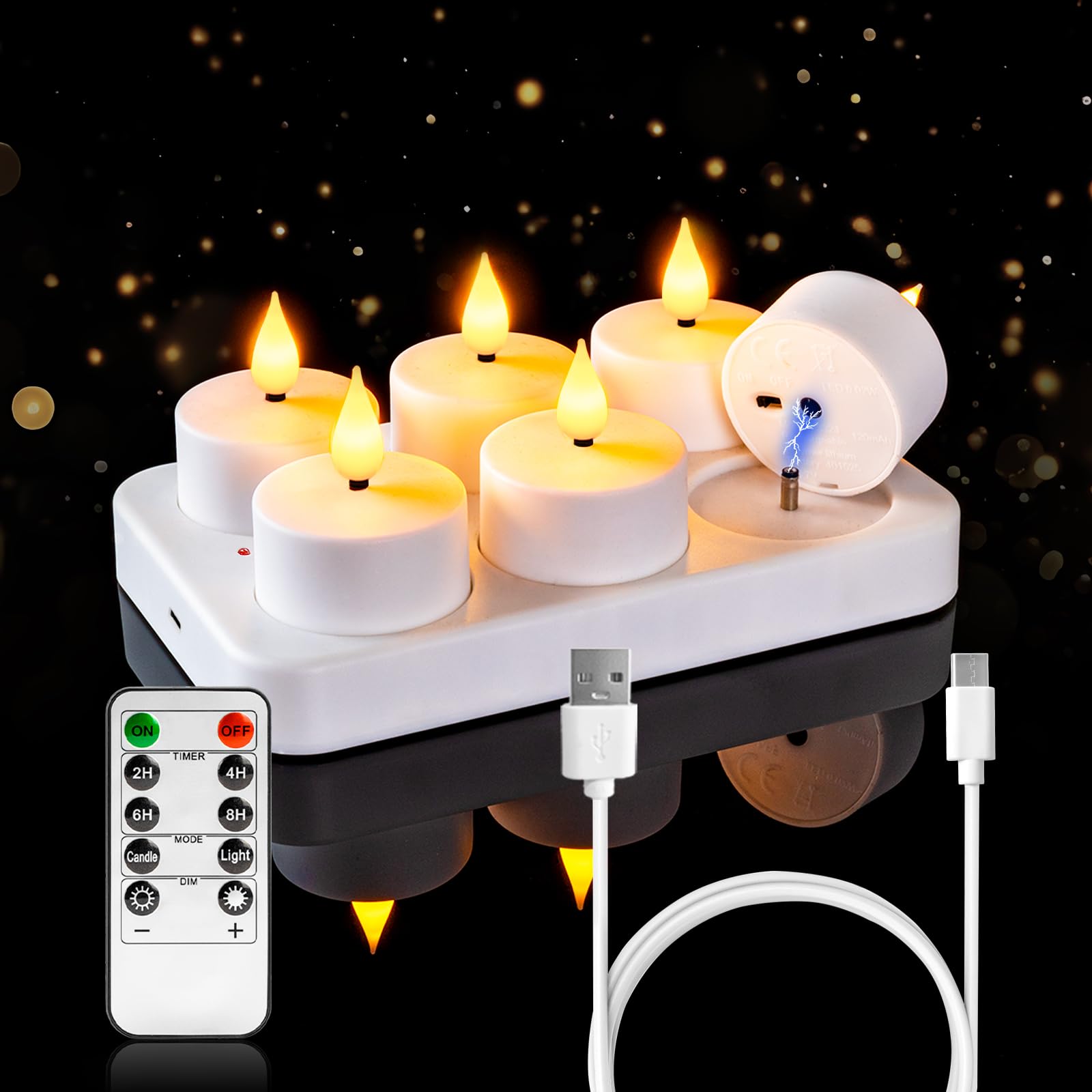Homemory LED 6er Teelichter Wiederaufladbar mit Fernbedienung Ladestation, Aufladbare LED Teelichter Kerzen Flackernd mit Timer für Party Zimmer Halloween Weihnachten Deko